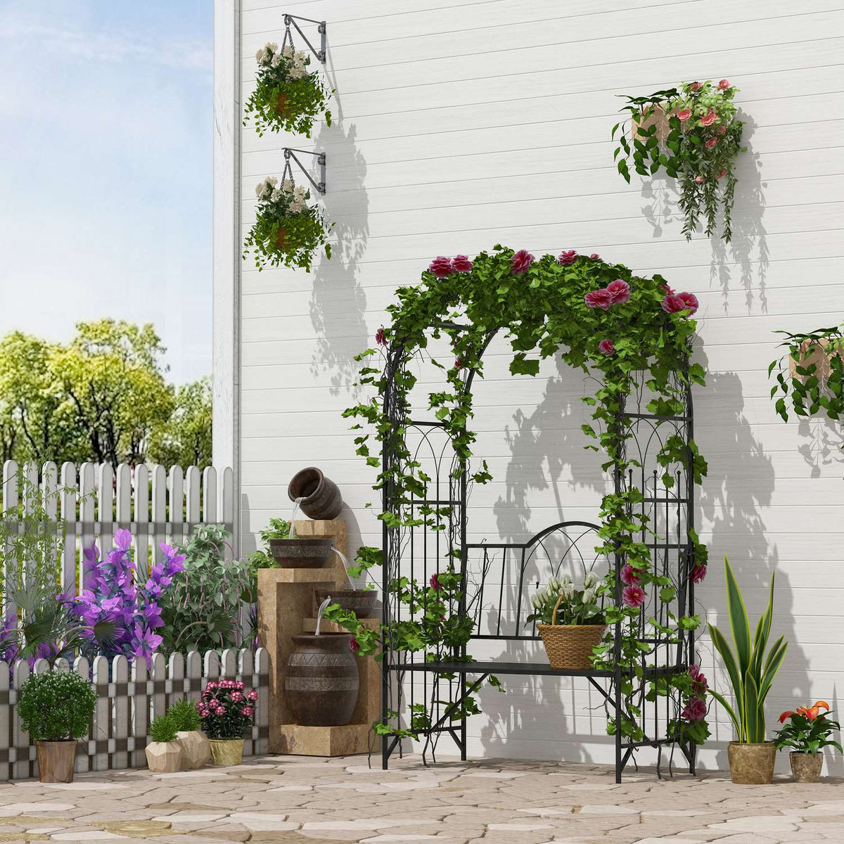 Rose Arch With Bench, Rose Bench, Arbor Bench, Philosopher'S Bench, Trellis, Garden Bench, Metal, Black, 121 X 50 X 203 Cm