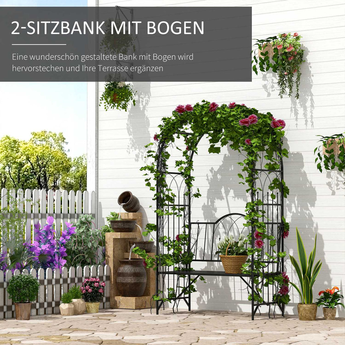 Rose Arch With Bench, Rose Bench, Arbor Bench, Philosopher'S Bench, Trellis, Garden Bench, Metal, Black, 121 X 50 X 203 Cm