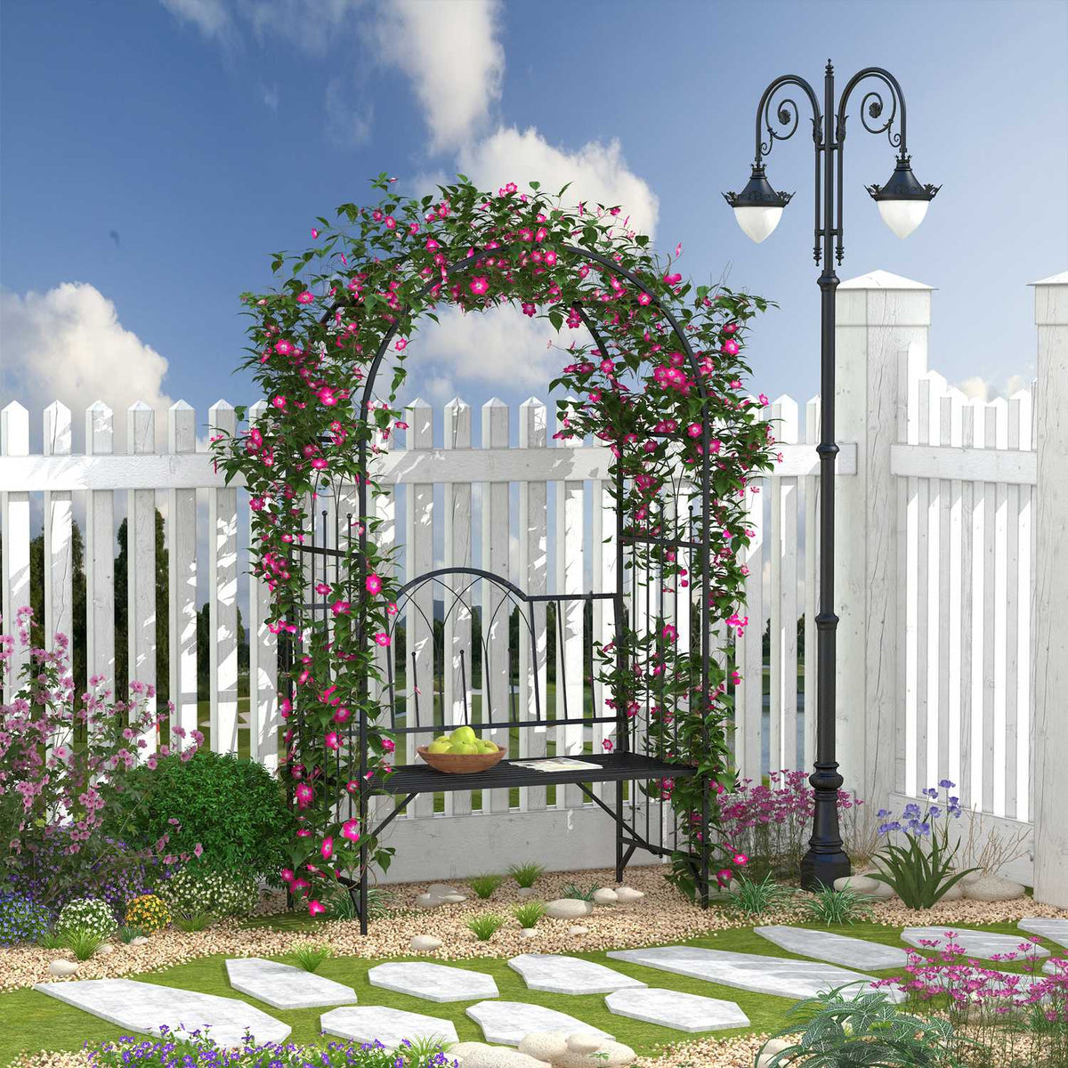 Rose Arch With Bench, Rose Bench, Arbor Bench, Philosopher'S Bench, Trellis, Garden Bench, Metal, Black, 121 X 50 X 203 Cm