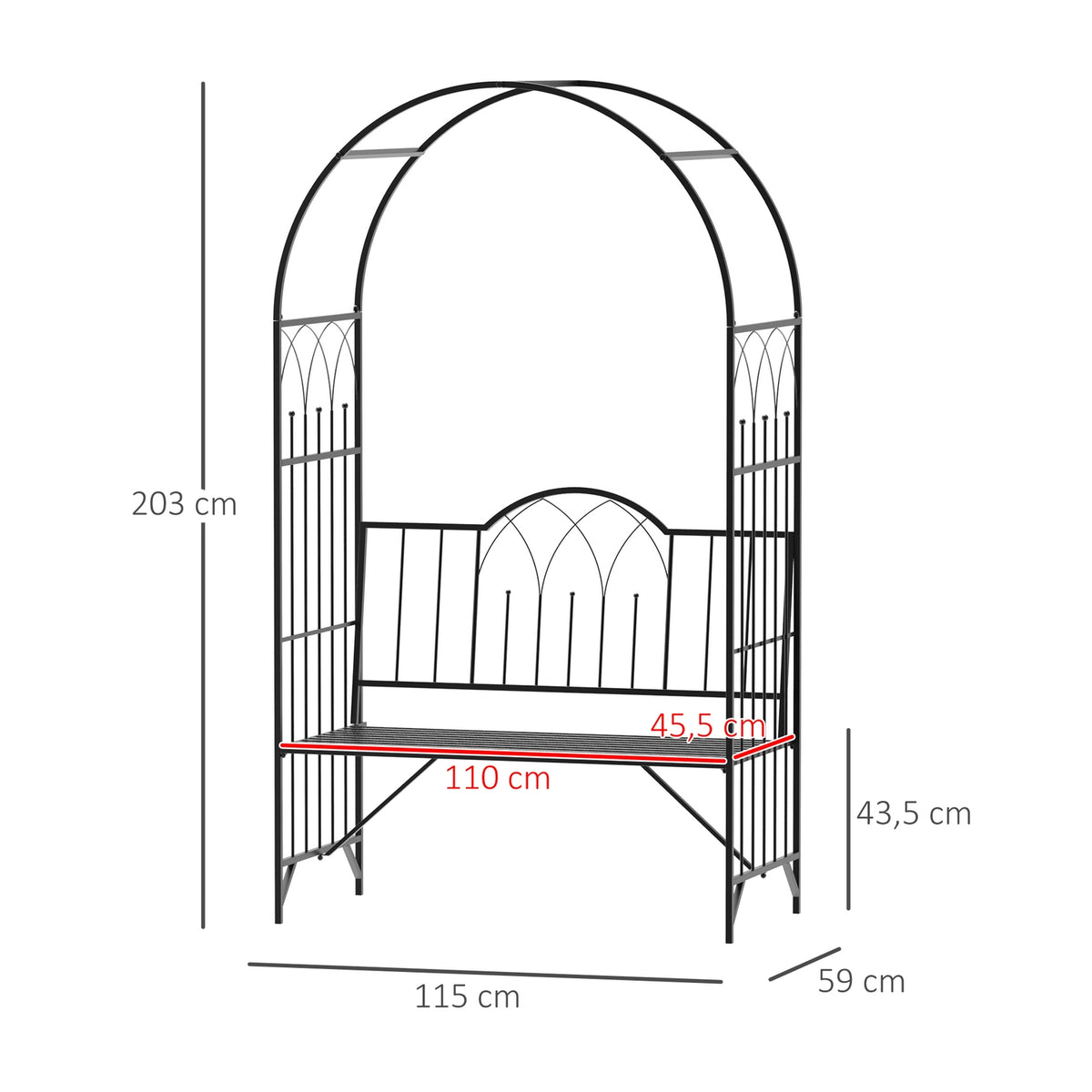 Rose Arch With Bench, Rose Bench, Arbor Bench, Philosopher'S Bench, Trellis, Garden Bench, Metal, Black, 121 X 50 X 203 Cm