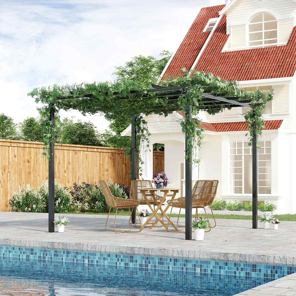 Rose Pavilion Stable Plant Arch As A Trellis, Garden Pavilion, Weatherproof, Metal, Black, 2.97X2.95X2.3M