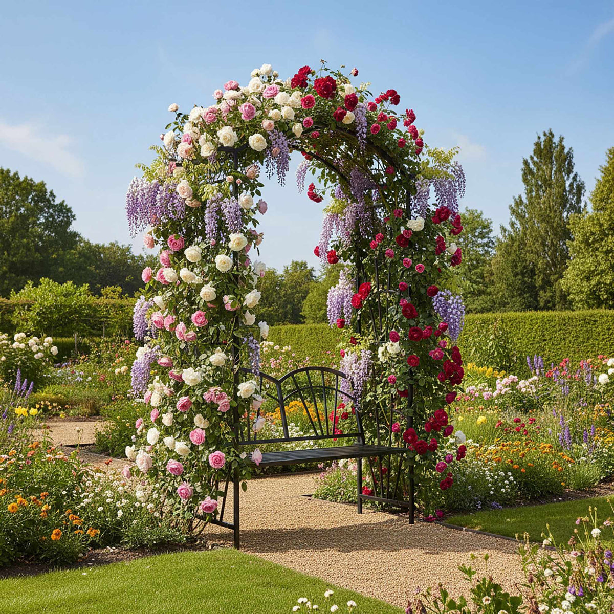 Rose Trellis Bench – Black Metal Arch for Climbers
