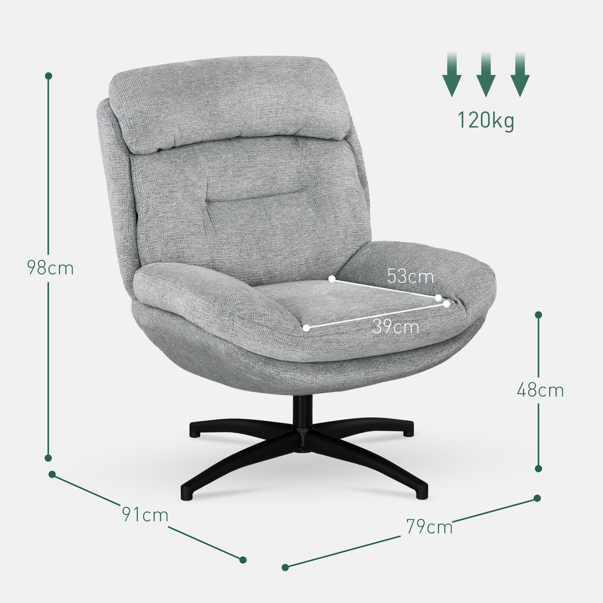 Rotatable armchair, lounge chair with water-repellent chenille look, padded relaxation chair with integrated armrest, for living room