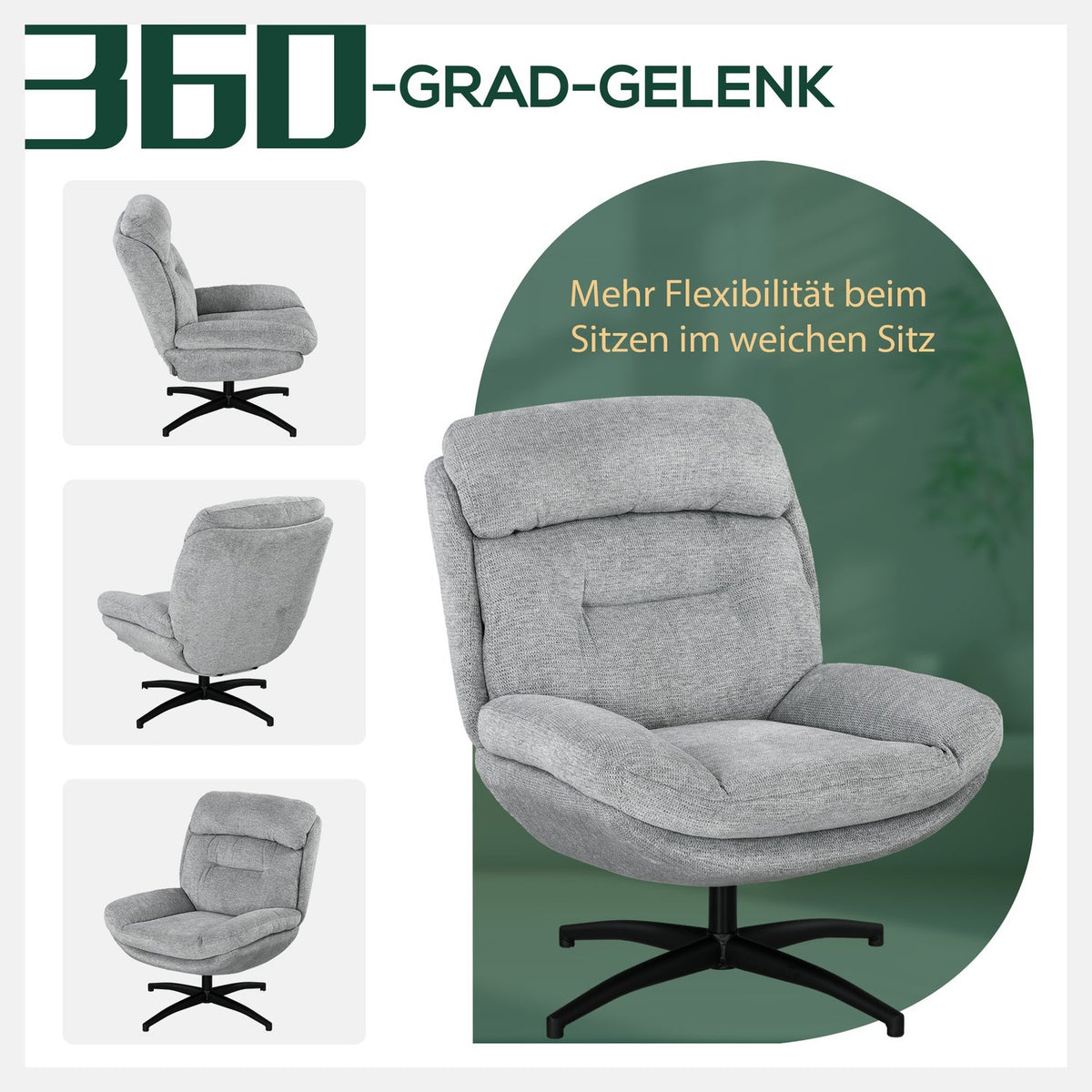 Rotatable armchair, lounge chair with water-repellent chenille look, padded relaxation chair with integrated armrest, for living room