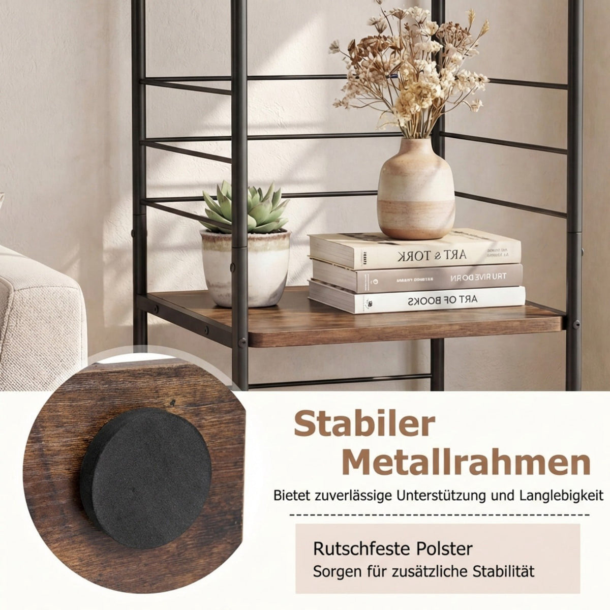 Rotating 4-Tier Bookshelf, 360 Metal Frame, Rustic Brown