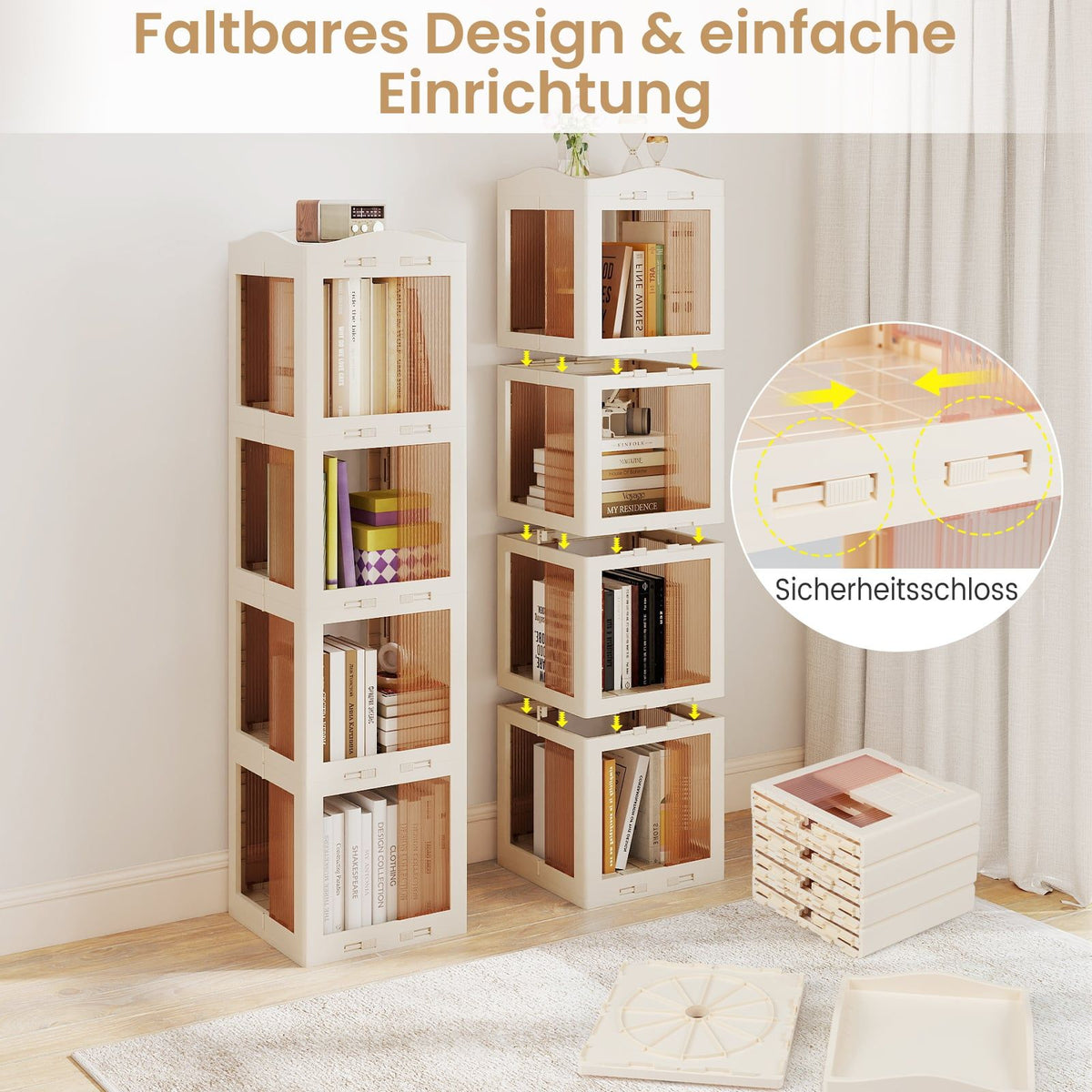 Rotating Bookshelf, Foldable Corner Shelf, 3-Tier, White