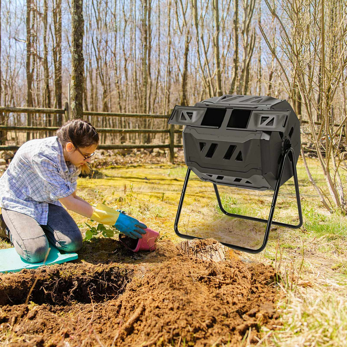 Rotating Compost Bin, 160L Dual Chamber Garden Tumbler