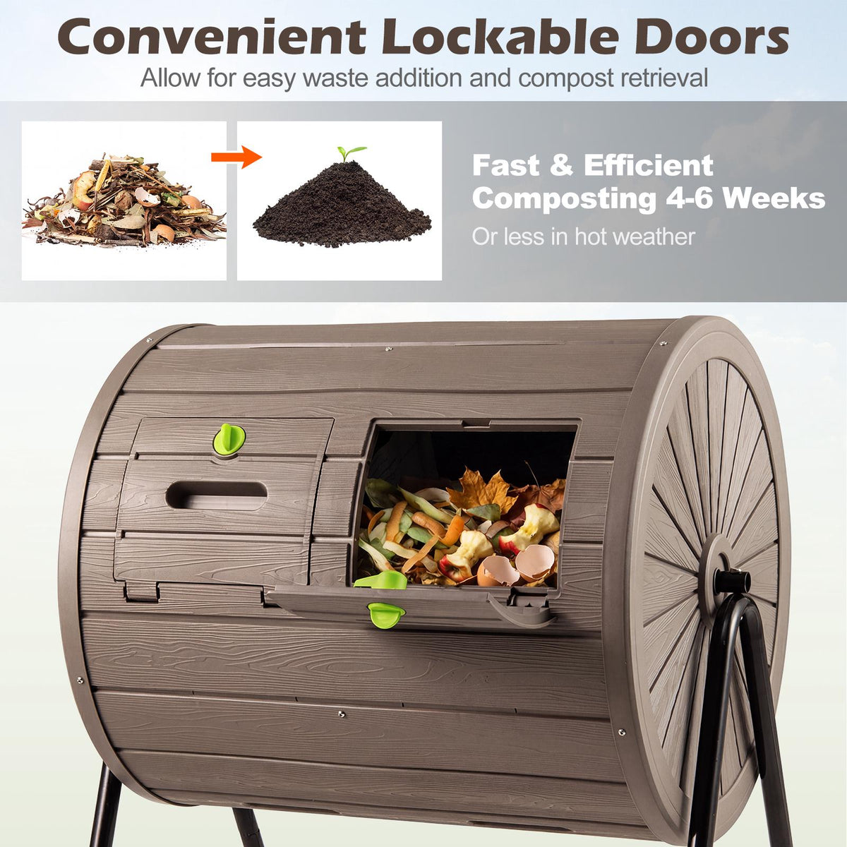 Rotating Compost Tumbler, 142L Dual Chamber, Lockable Doors