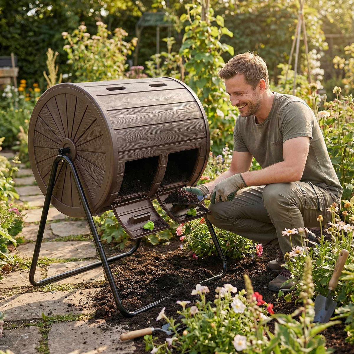 Rotating Compost Tumbler, 142L Dual Chamber, Lockable Doors