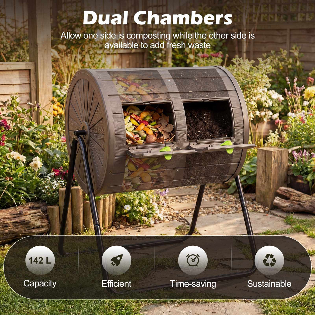 Rotating Compost Tumbler, 142L Dual Chamber, Lockable Doors
