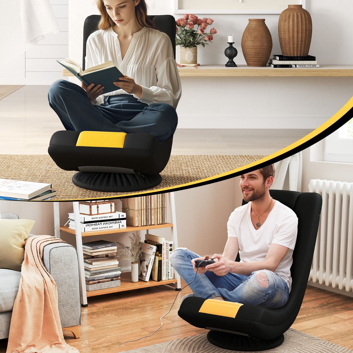 Rotating Floor Chair with Adjustable Backrest, Yellow