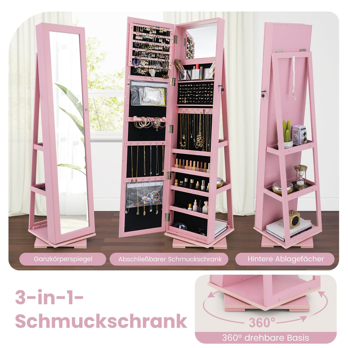 Rotating Jewelry Armoire with Full-Length Mirror, Pink