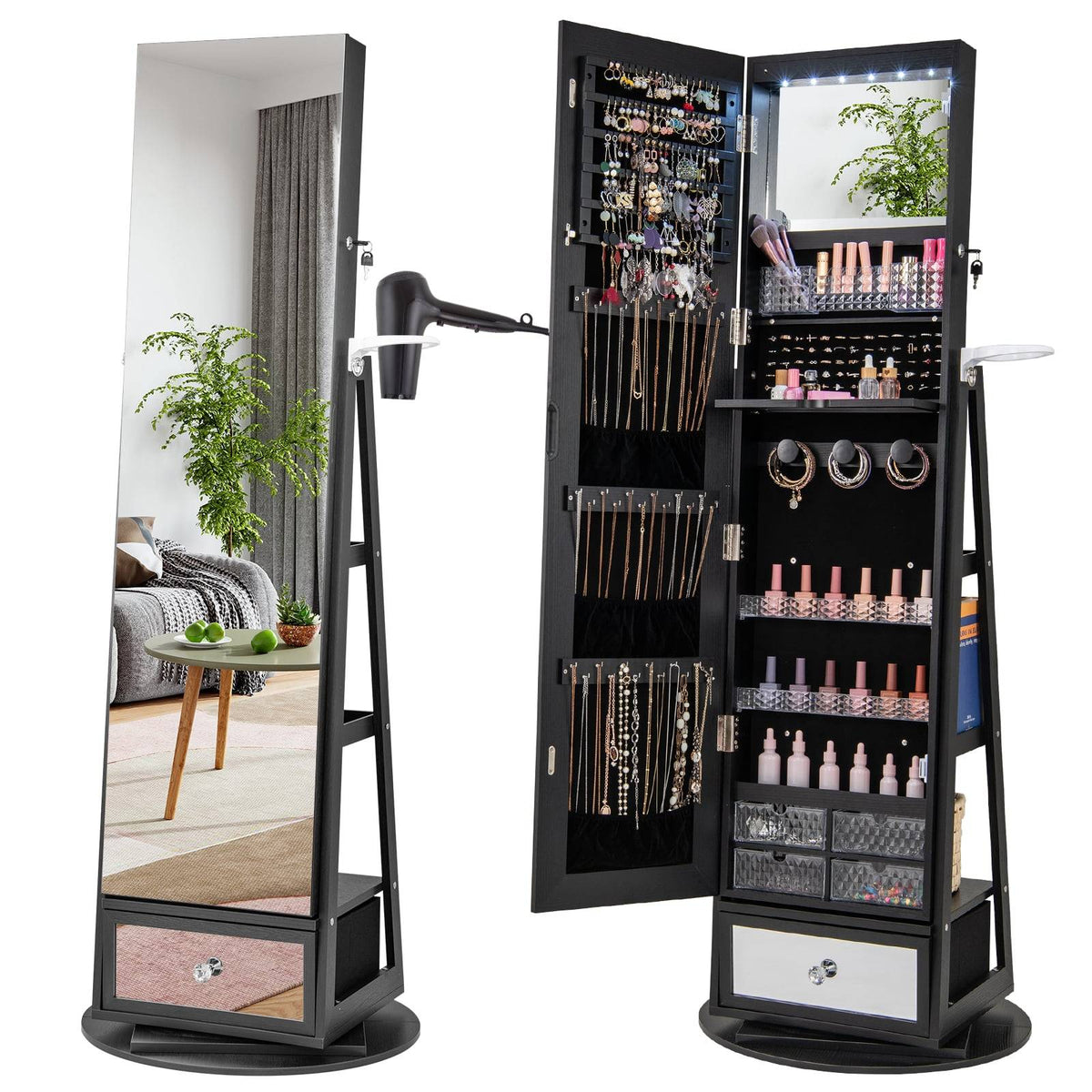 Rotating Jewelry Armoire with Mirror, Lockable, Black
