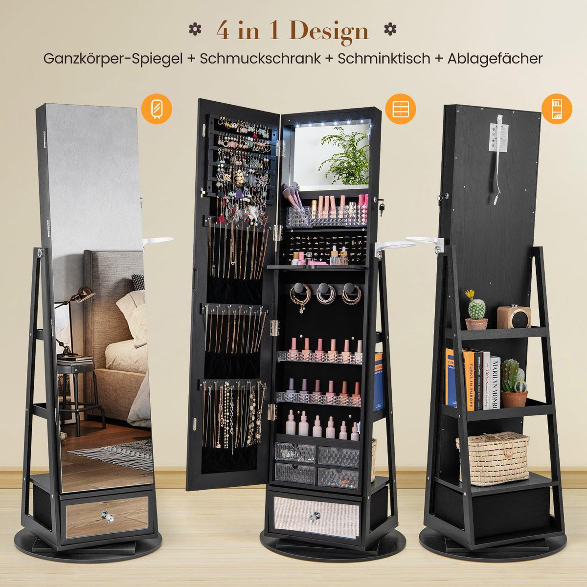 Rotating Jewelry Armoire with Mirror, Lockable, Black