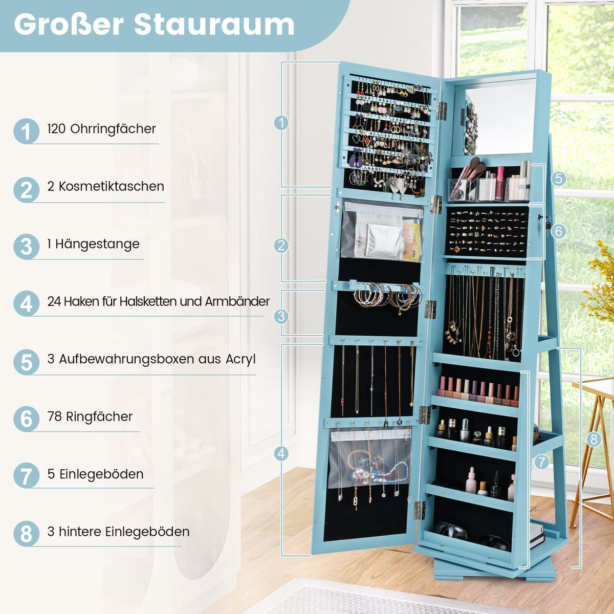 Rotating Jewelry Cabinet with Full-Length Mirror, Blue