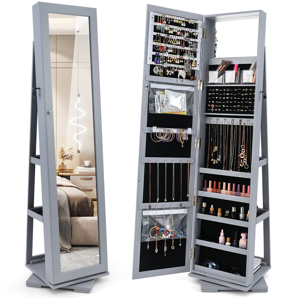 Rotating Jewelry Cabinet with Full-Length Mirror, Gray