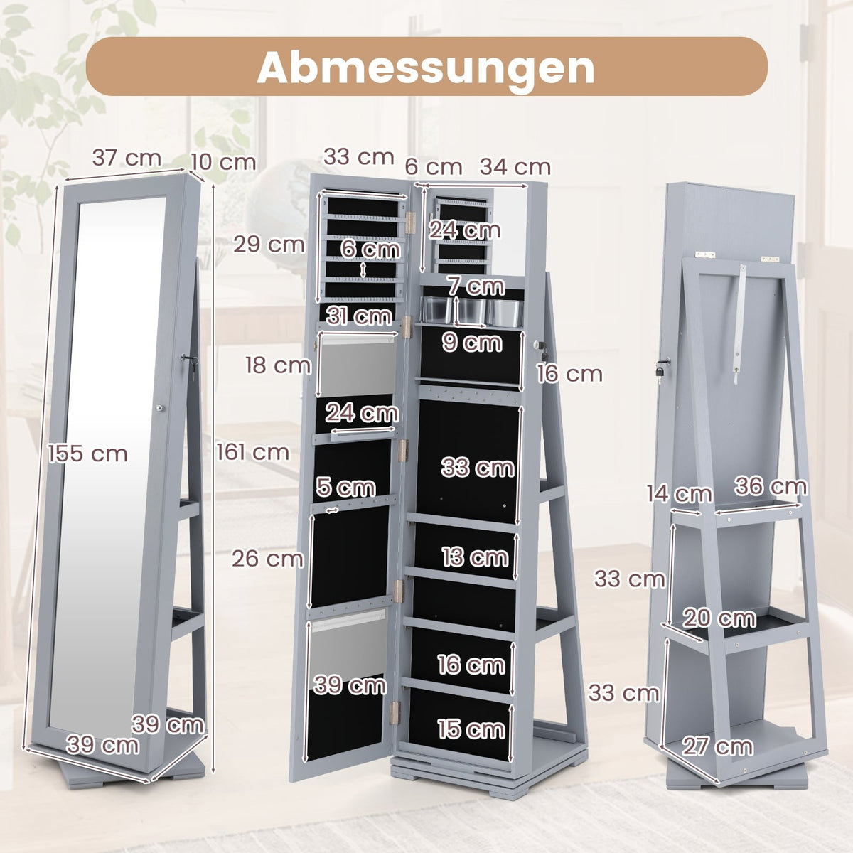 Rotating Jewelry Cabinet with Full-Length Mirror, Gray