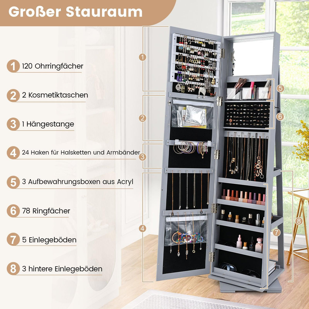 Rotating Jewelry Cabinet with Full-Length Mirror, Gray