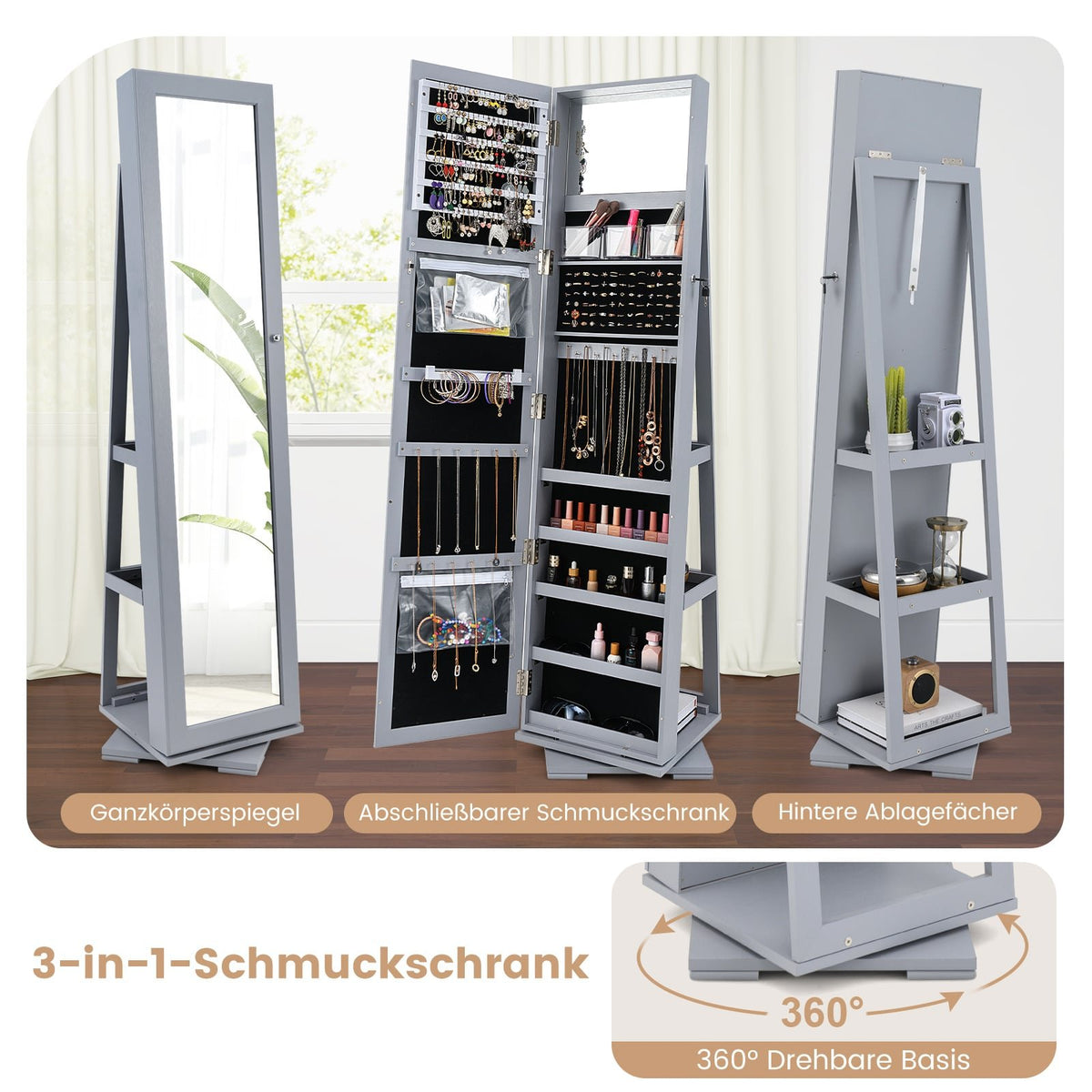Rotating Jewelry Cabinet with Full-Length Mirror, Gray