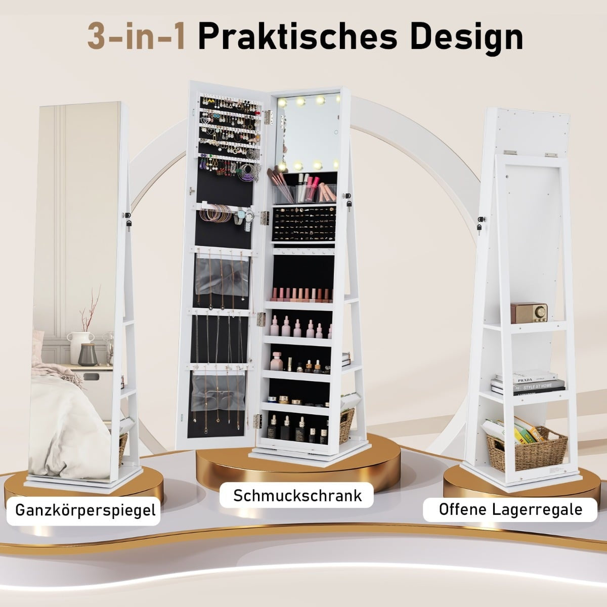Rotating Jewelry Cabinet with Mirror, Shelves, LED Lights