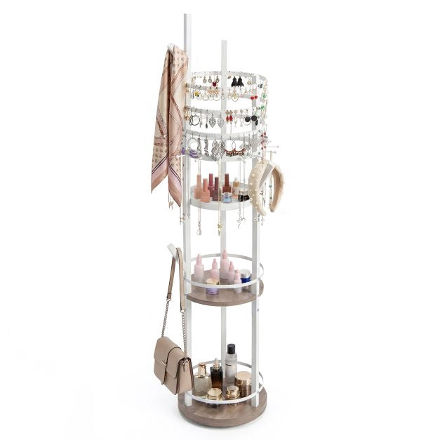 Rotating Jewelry Organizer Stand, 3-Tier, 360 Hooks, Tray