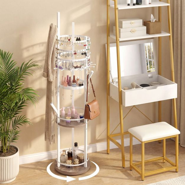 Rotating Jewelry Organizer Stand, 3-Tier, 360 Hooks, Tray