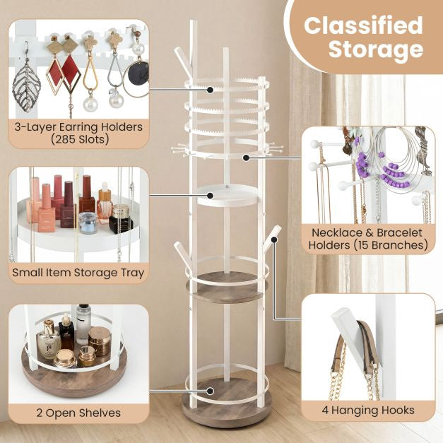 Rotating Jewelry Organizer Stand, 3-Tier, 360 Hooks, Tray