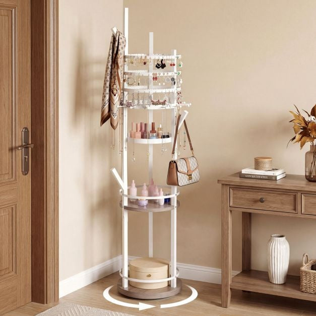 Rotating Jewelry Organizer Stand, 3-Tier, 360 Hooks, Tray