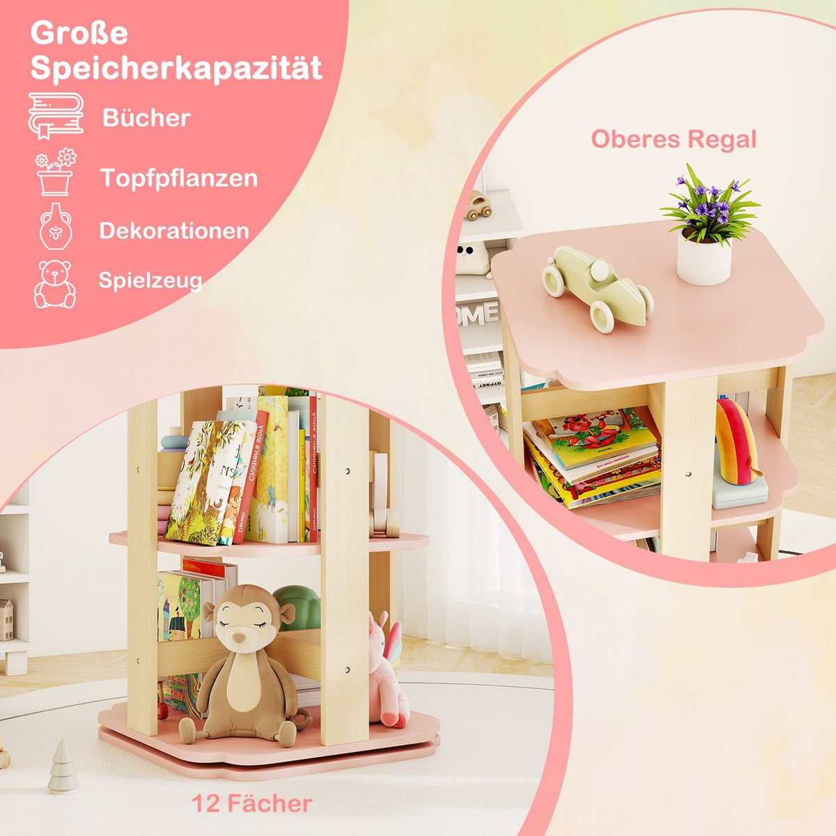 Rotating Kids Bookshelf, 3-Tier, 12 Compartments, Pink