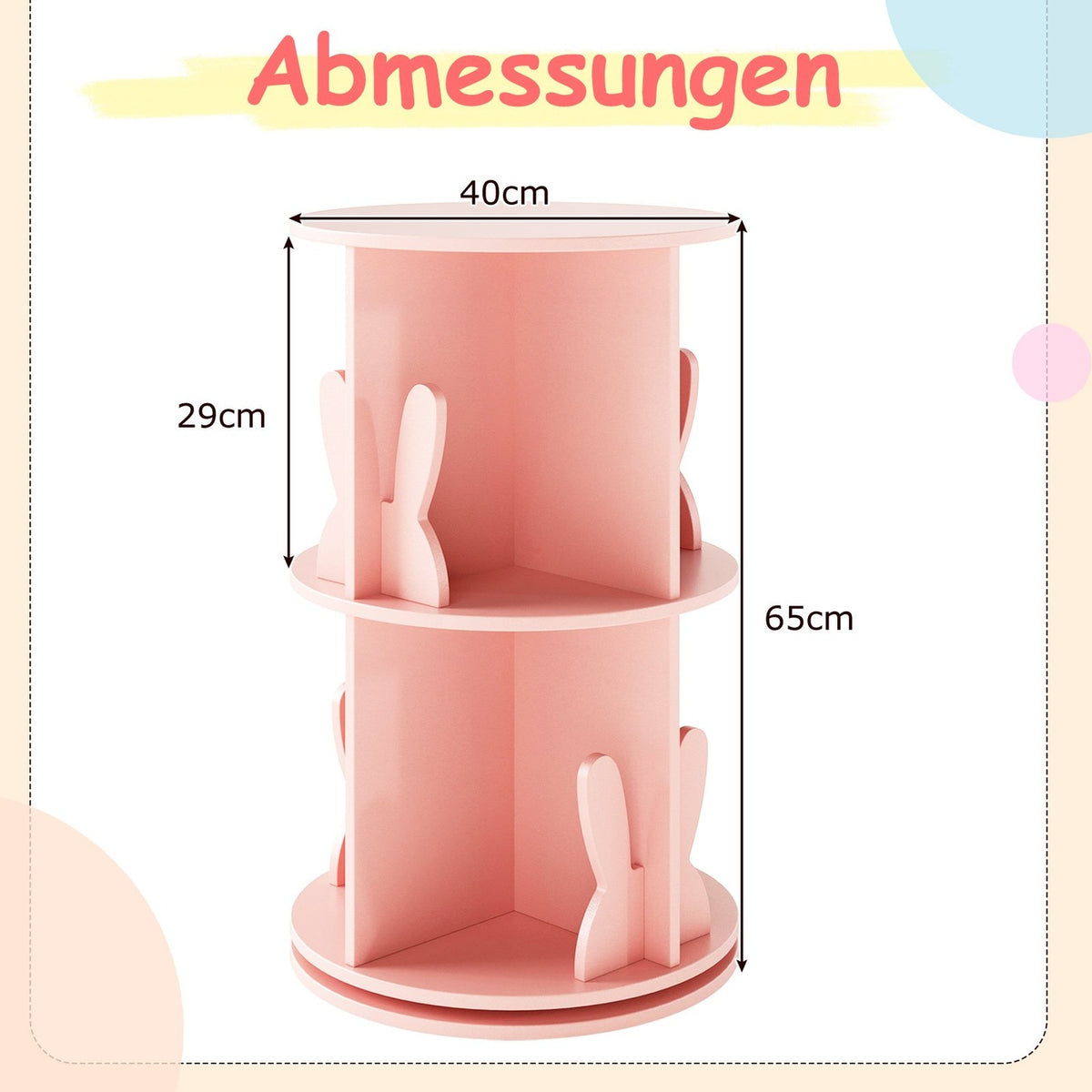 Rotating Kids Bookshelf with 2 Levels & Bunny Dividers, Pink