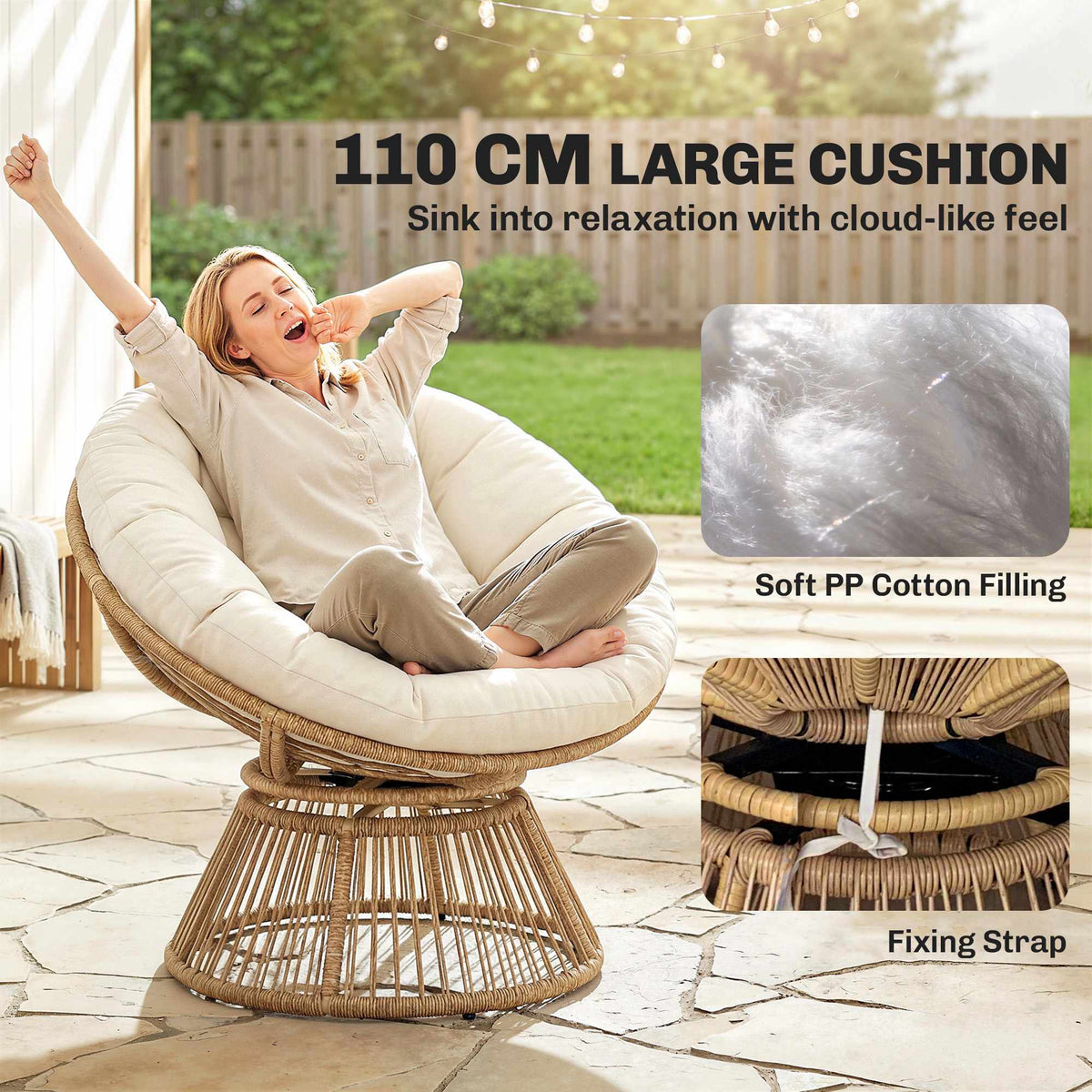 Rotating Papasan Chair with Cushion, Steel Frame, Cream