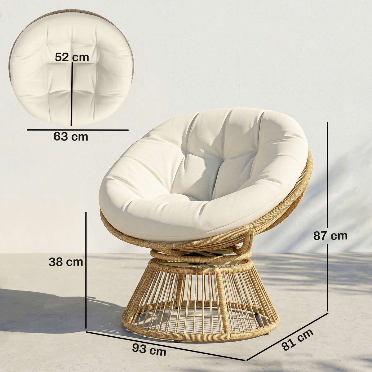Rotating Papasan Chair with Cushion, Steel Frame, Cream