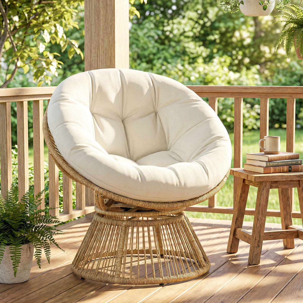 Rotating Papasan Chair with Cushion, Steel Frame, Cream