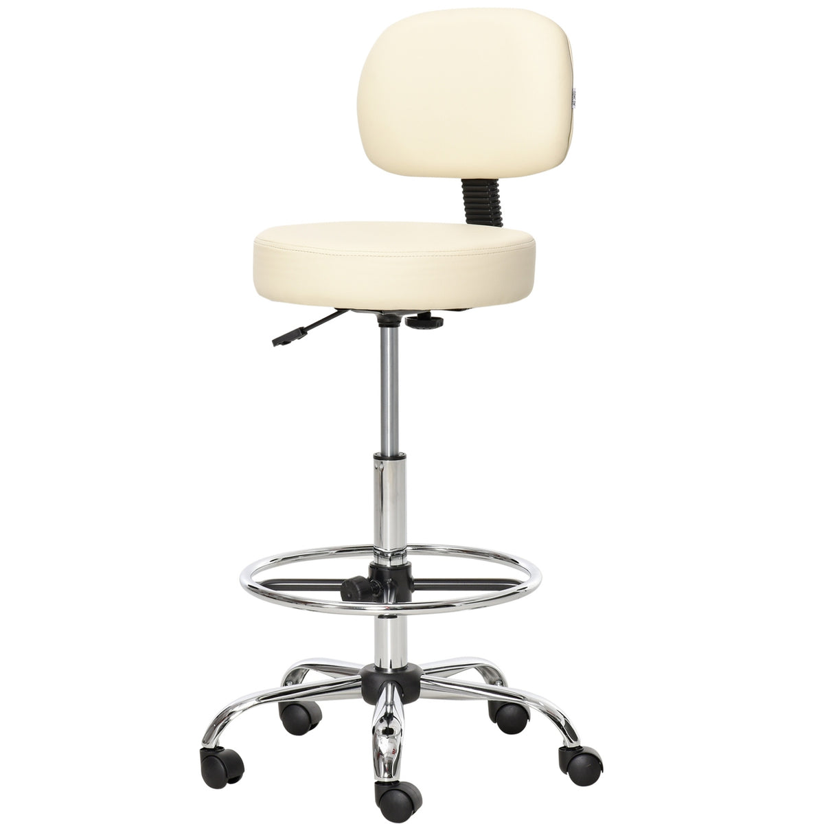 Rotating bar stool work stool with backrest, height adjustable, PU, beige, 56x57x104-127cm
