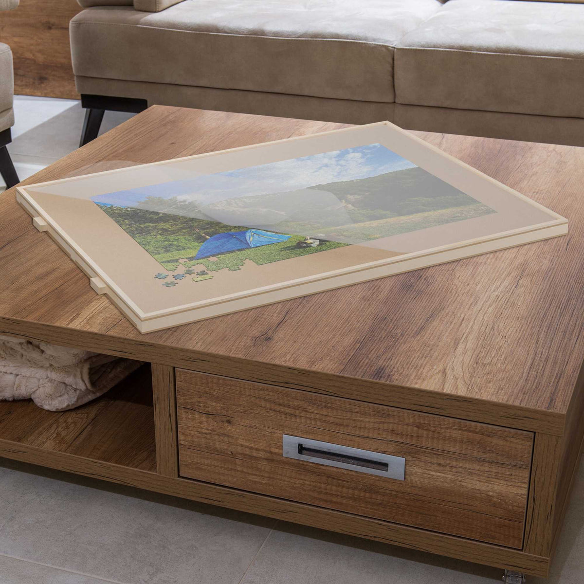 Rotating puzzle board with 4 drawers