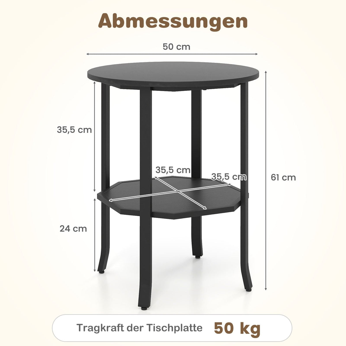 Round 2-Tier Side Table with Shelf, Black Metal