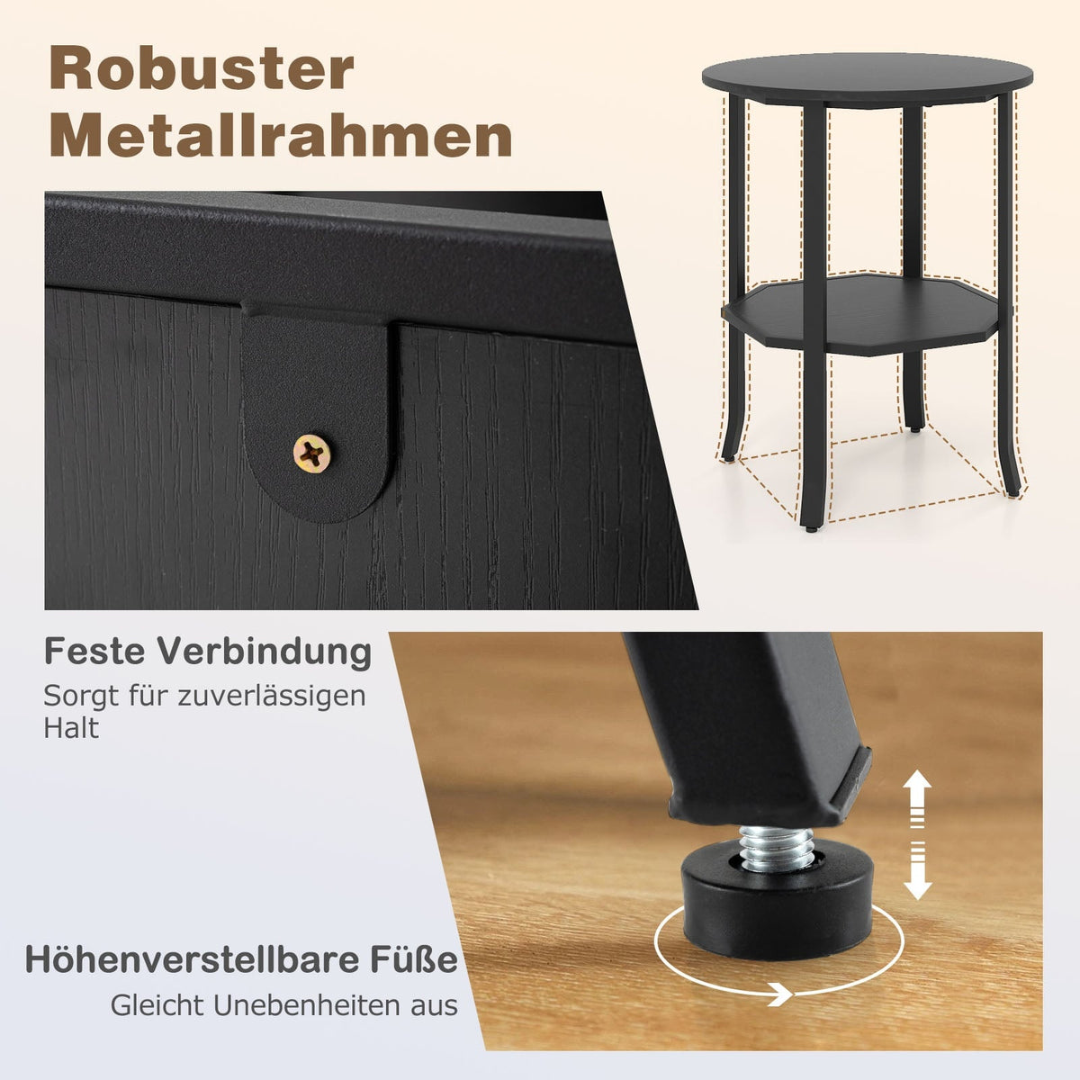 Round 2-Tier Side Table with Shelf, Black Metal