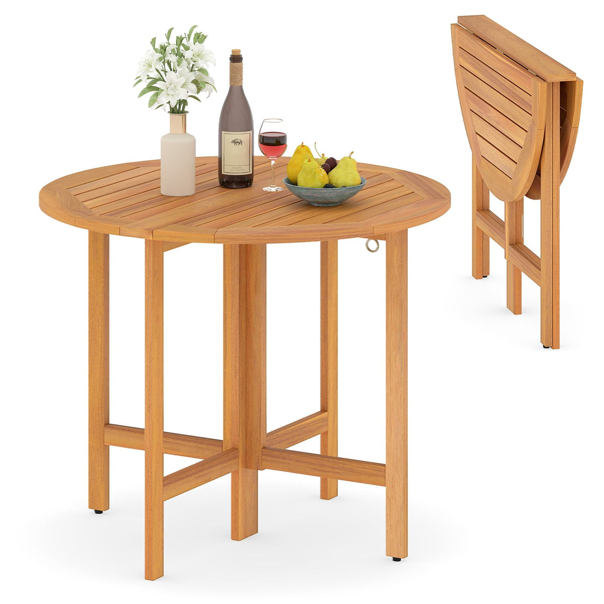 Round 90 cm Folding Acacia Wood Outdoor Dining Table