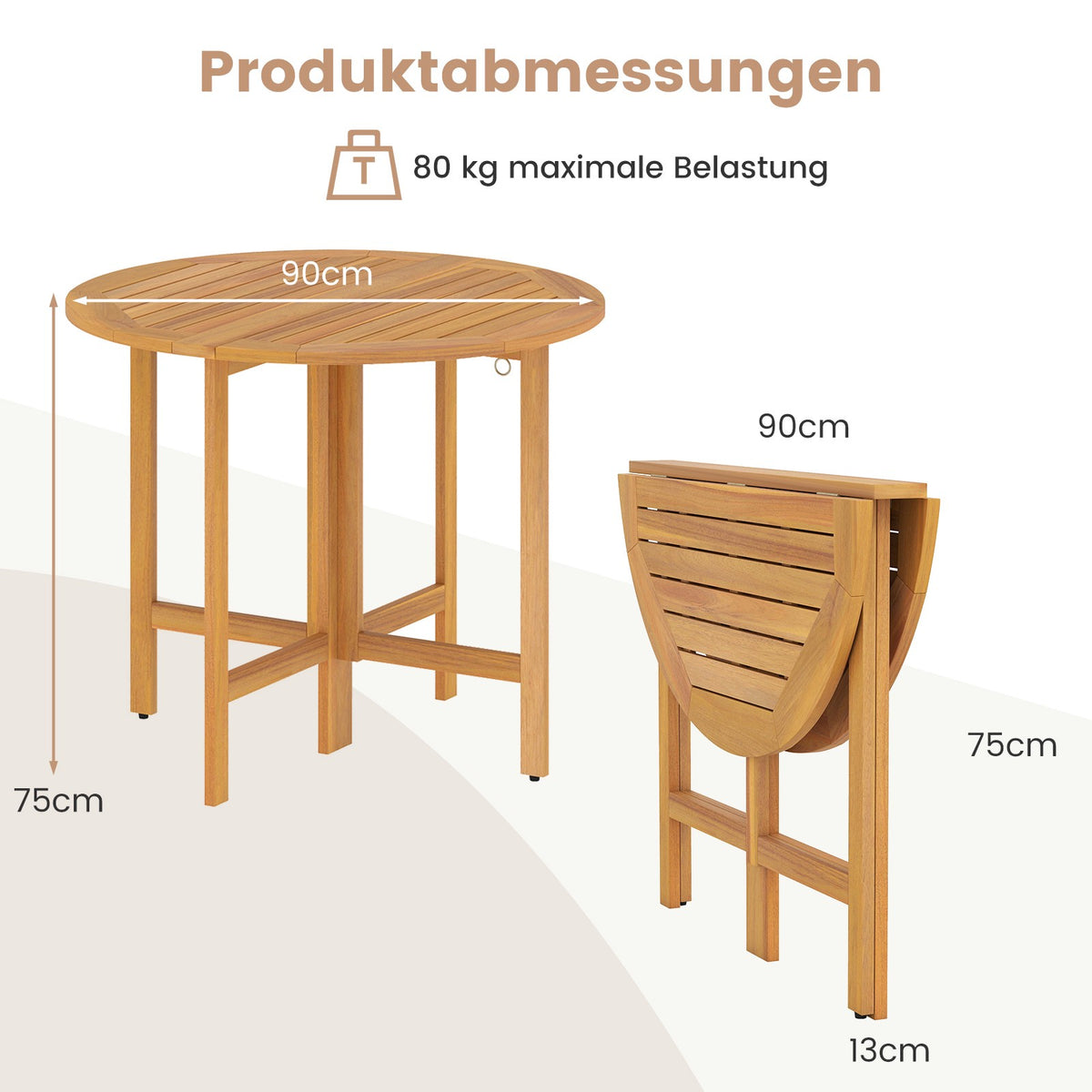 Round 90 cm Folding Acacia Wood Outdoor Dining Table