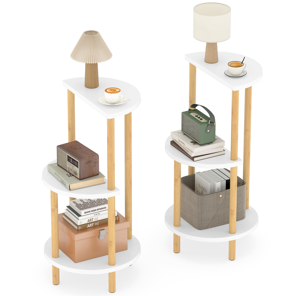 Round Bamboo Nesting Tables Set, 3-Tier, White/Natural