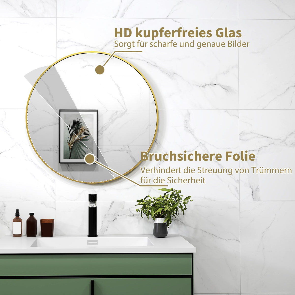Round Bathroom Mirror, 70x70 cm, Gold Frame, Safety Glass