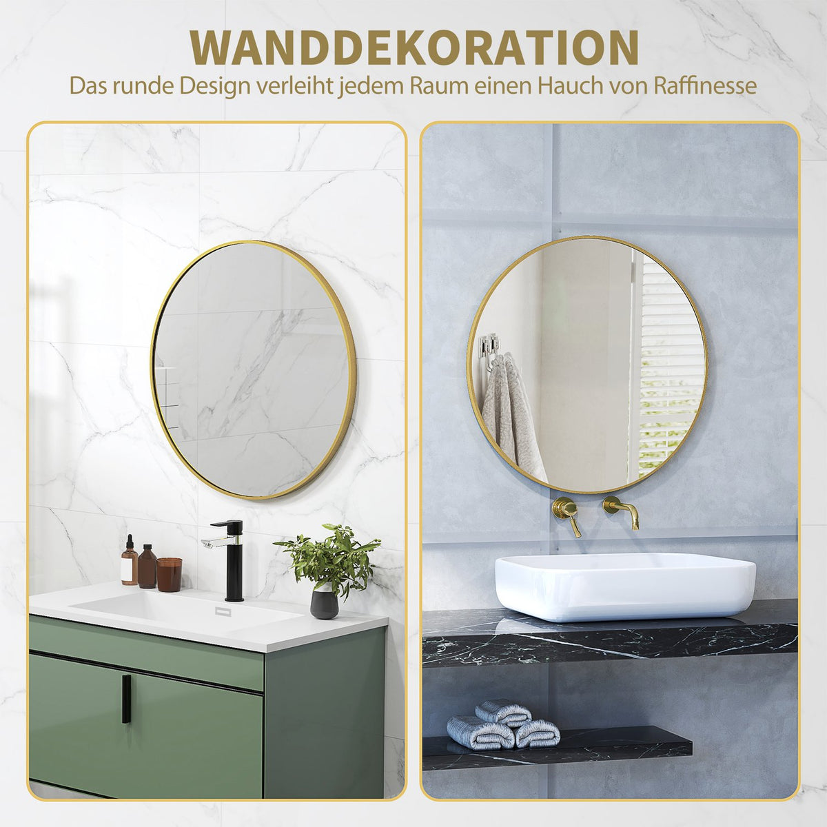 Round Bathroom Mirror, 70x70 cm, Gold Frame, Safety Glass
