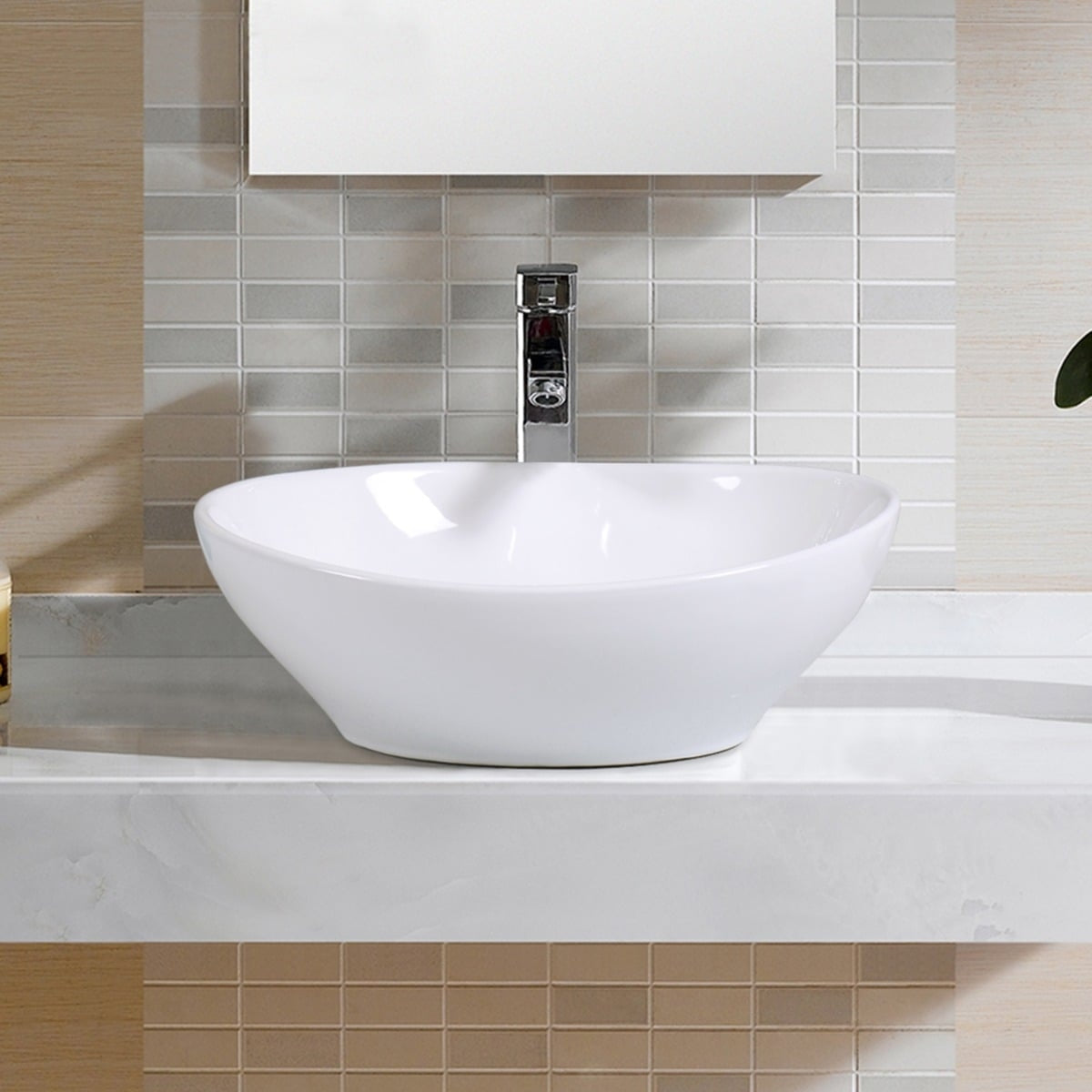 Round Ceramic Countertop Basin, White, Pop-Up Drain