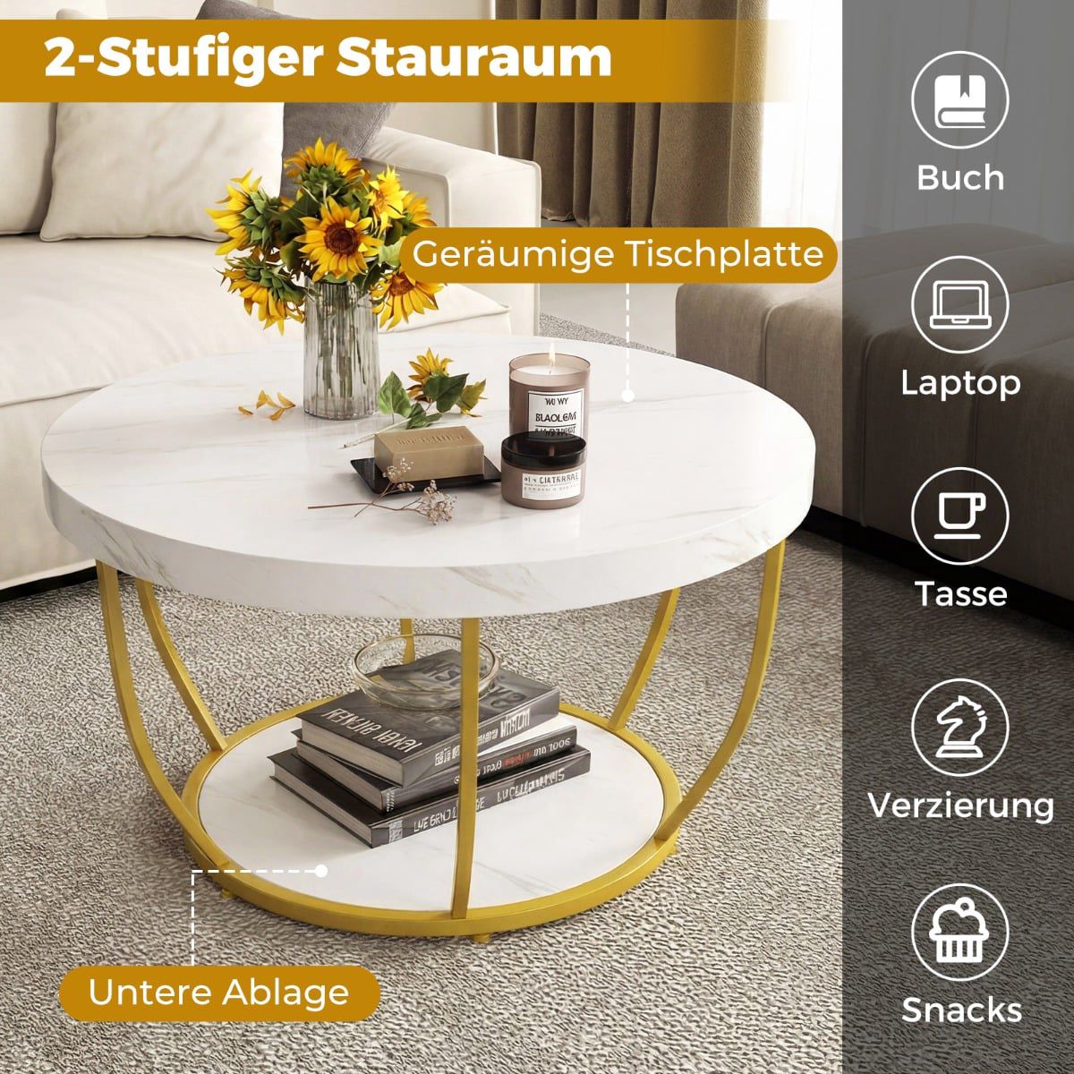 Round Coffee Table, 2-Tier Wood with Metal Frame