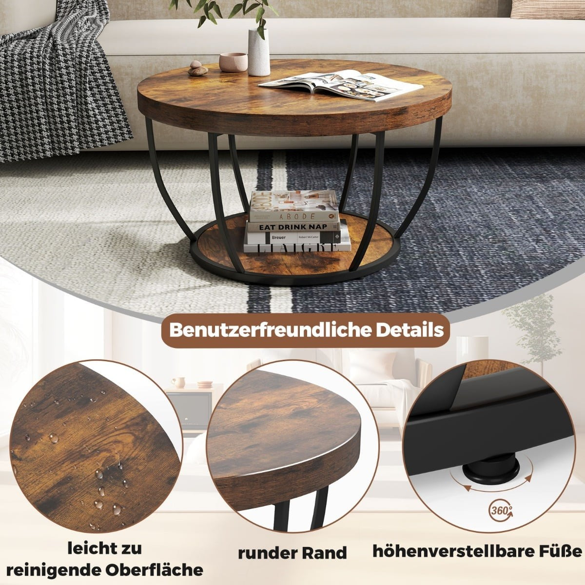 Round Coffee Table – 2-Tier Wood with Metal Frame
