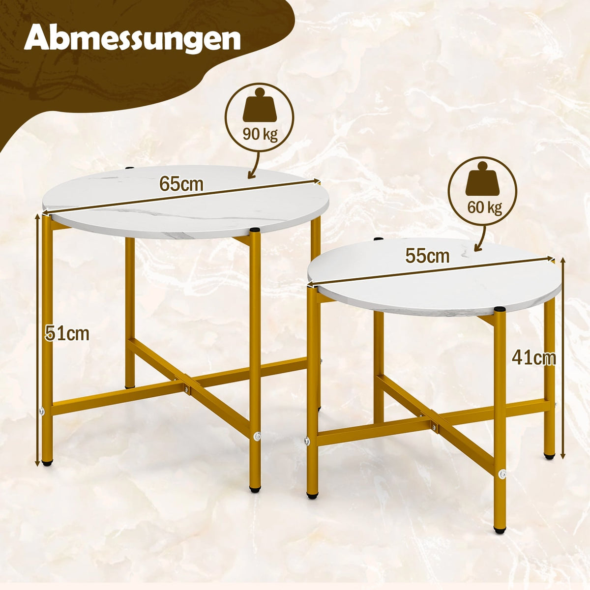 Round Coffee Table Set, Stackable, Metal Frame, White