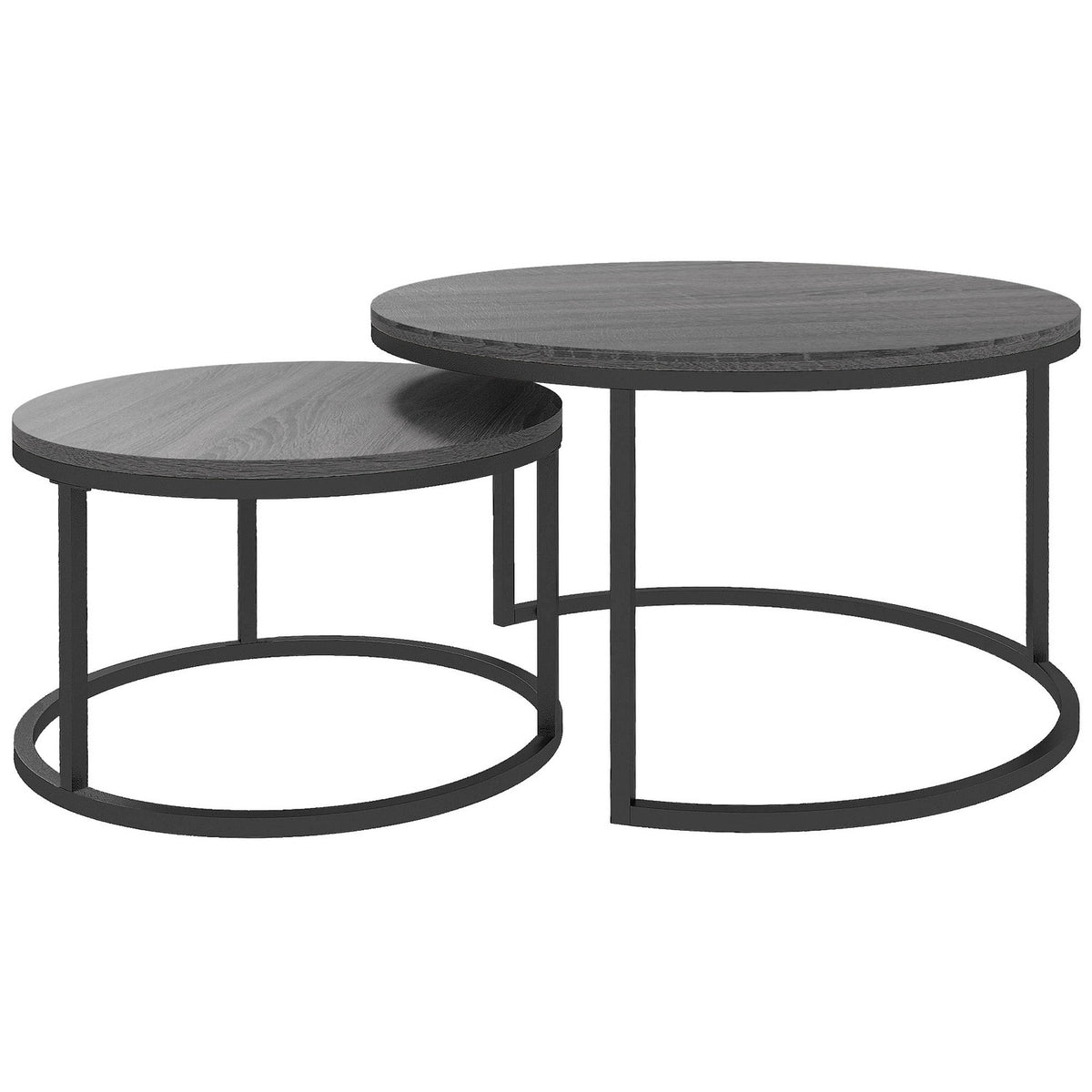 Round Coffee Table Set of 2 Stackable Side Tables with Metal Frame, Living Room Table with Wood Look Coffee Table for Living Room Bedroom Black