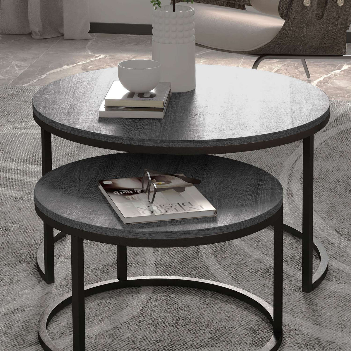 Round Coffee Table Set of 2 Stackable Side Tables with Metal Frame, Living Room Table with Wood Look Coffee Table for Living Room Bedroom Black
