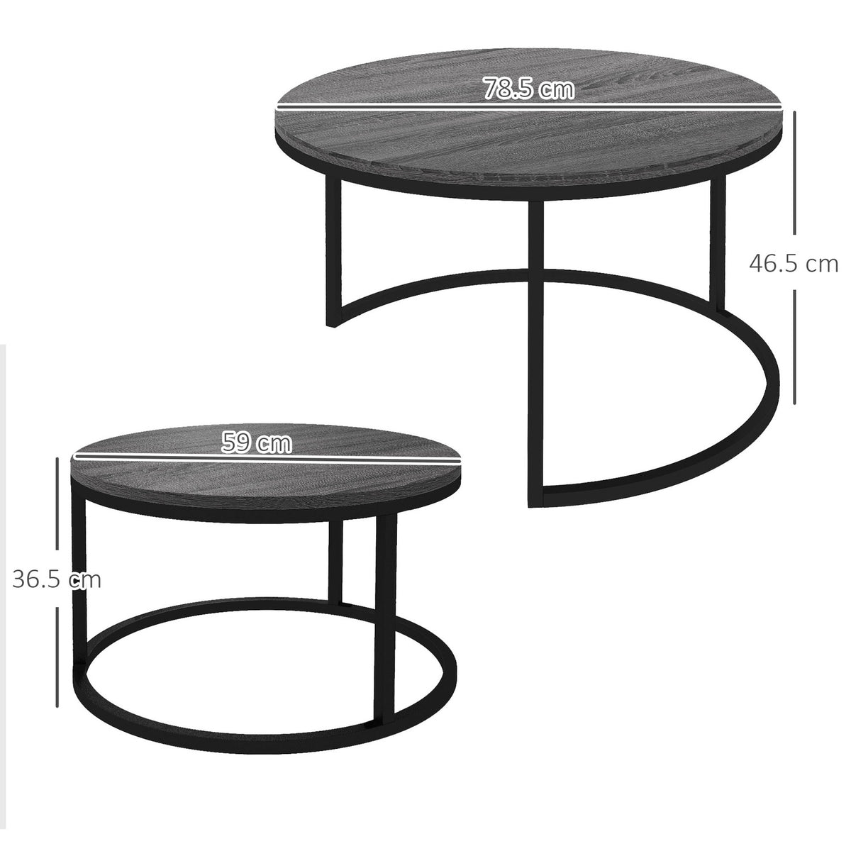 Round Coffee Table Set of 2 Stackable Side Tables with Metal Frame, Living Room Table with Wood Look Coffee Table for Living Room Bedroom Black