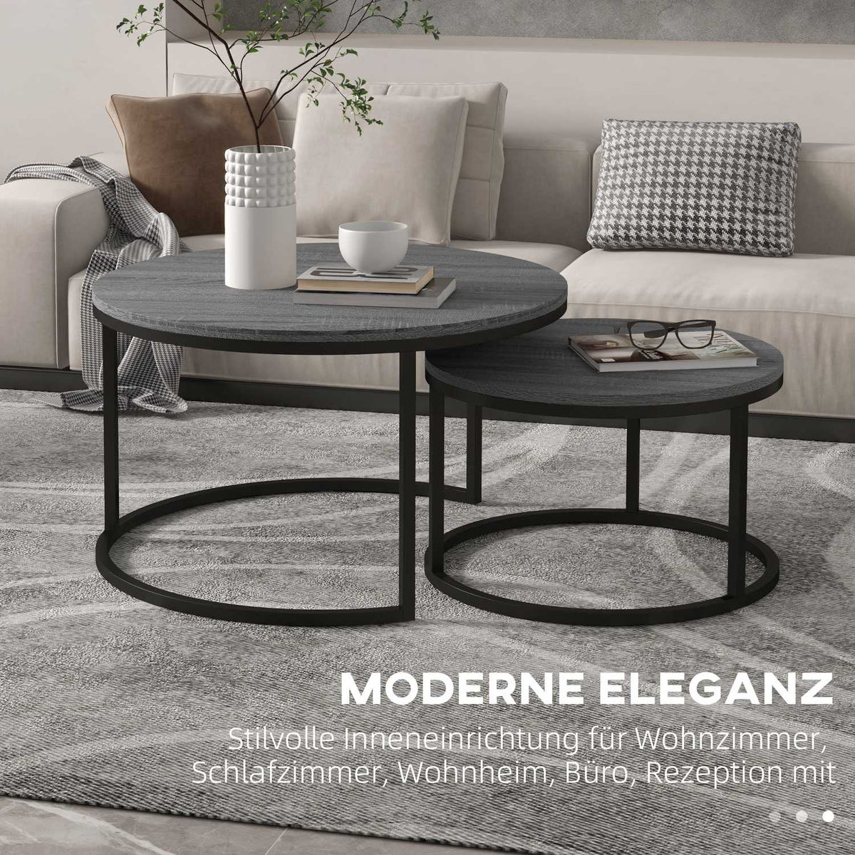 Round Coffee Table Set of 2 Stackable Side Tables with Metal Frame, Living Room Table with Wood Look Coffee Table for Living Room Bedroom Black